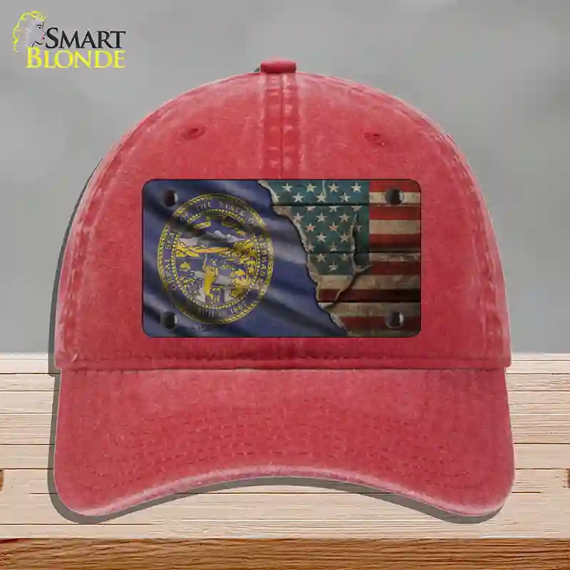 HAT13-MLP-12406 Nebraska & American Flag Novelty License Plate Hat, Unconstructed Cotton - Red