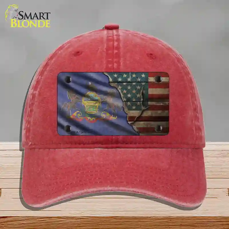 HAT13-MLP-12417 Pennsylvania & American Flag Novelty License Plate Hat, Unconstructed Cotton - Red