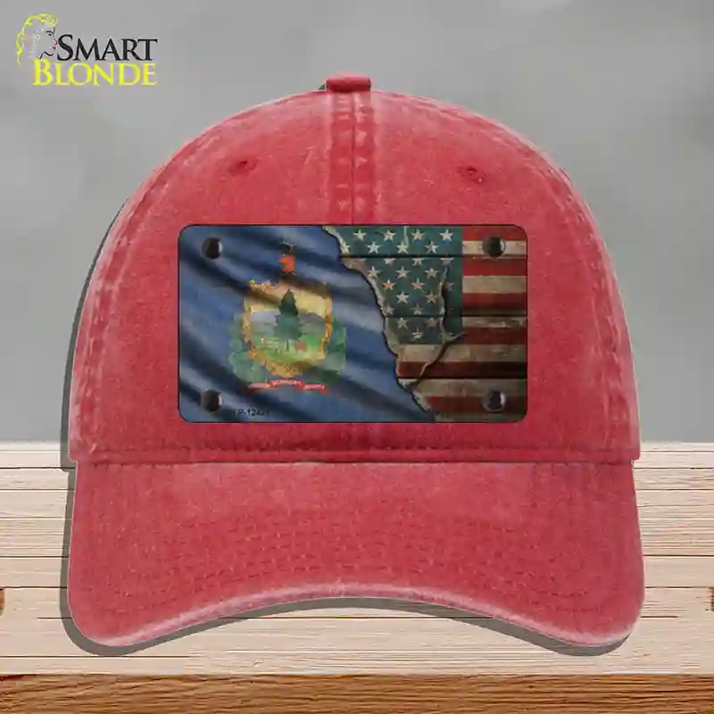 HAT13-MLP-12424 Vermont & American Flag Novelty License Plate Hat, Unconstructed Cotton - Red