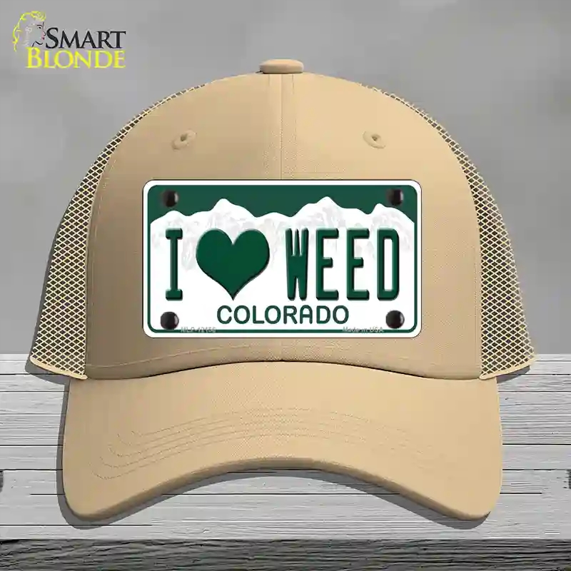 HAT15-MLP-12156 I Love Weed Colorado Novelty License Plate Hat, Mesh - Khaki