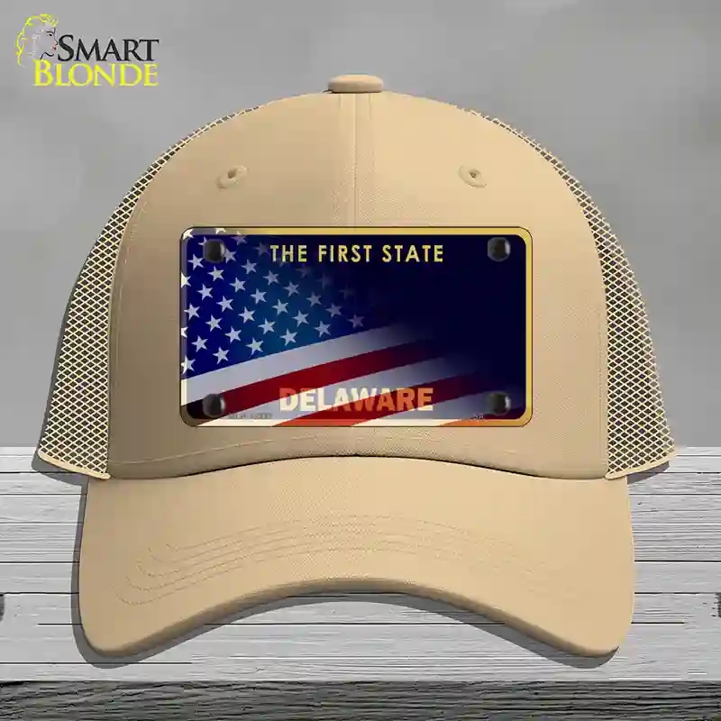 HAT15-MLP-12337 Delaware with American Flag Novelty License Plate Hat, Mesh - Khaki
