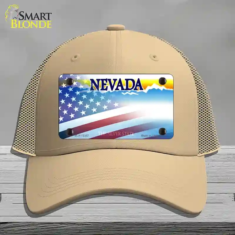HAT15-MLP-12357 Nevada with American Flag Novelty License Plate Hat, Mesh - Khaki