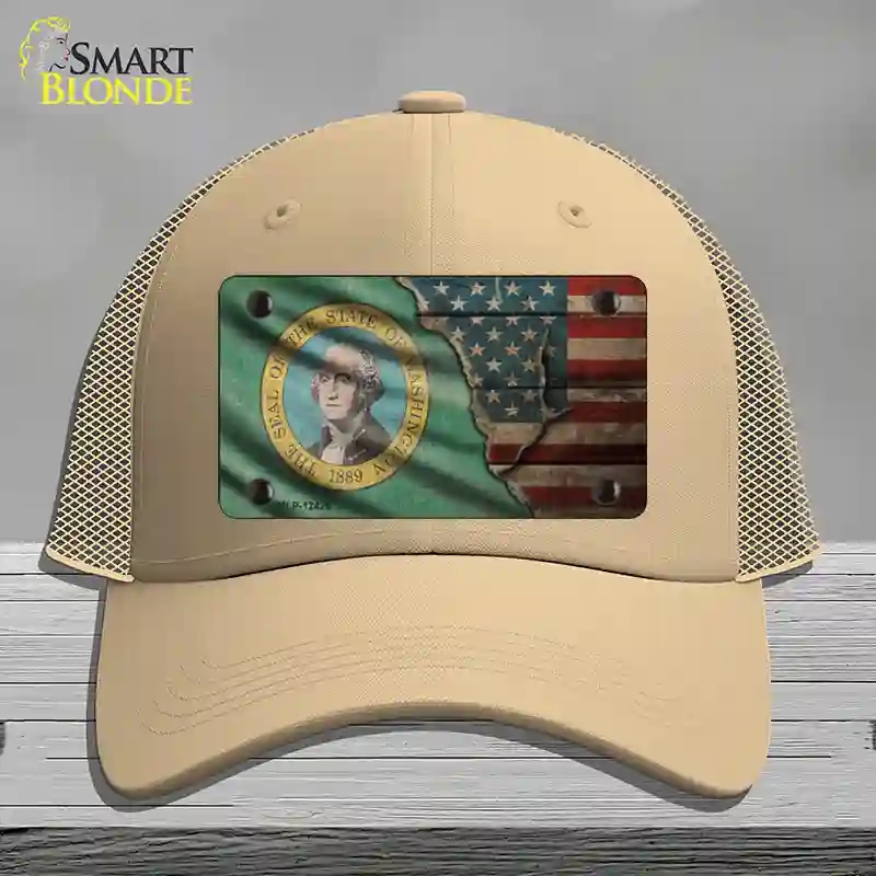 HAT15-MLP-12426 Washington & American Flag Novelty License Plate Hat, Mesh - Khaki