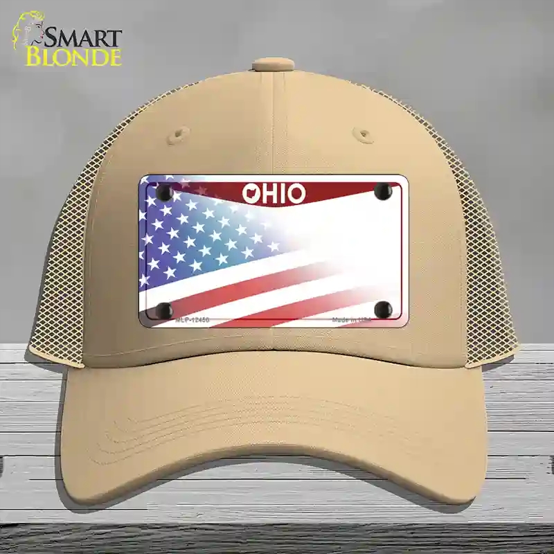 HAT15-MLP-12456 Ohio State American Flag Novelty License Plate Hat, Mesh - Khaki