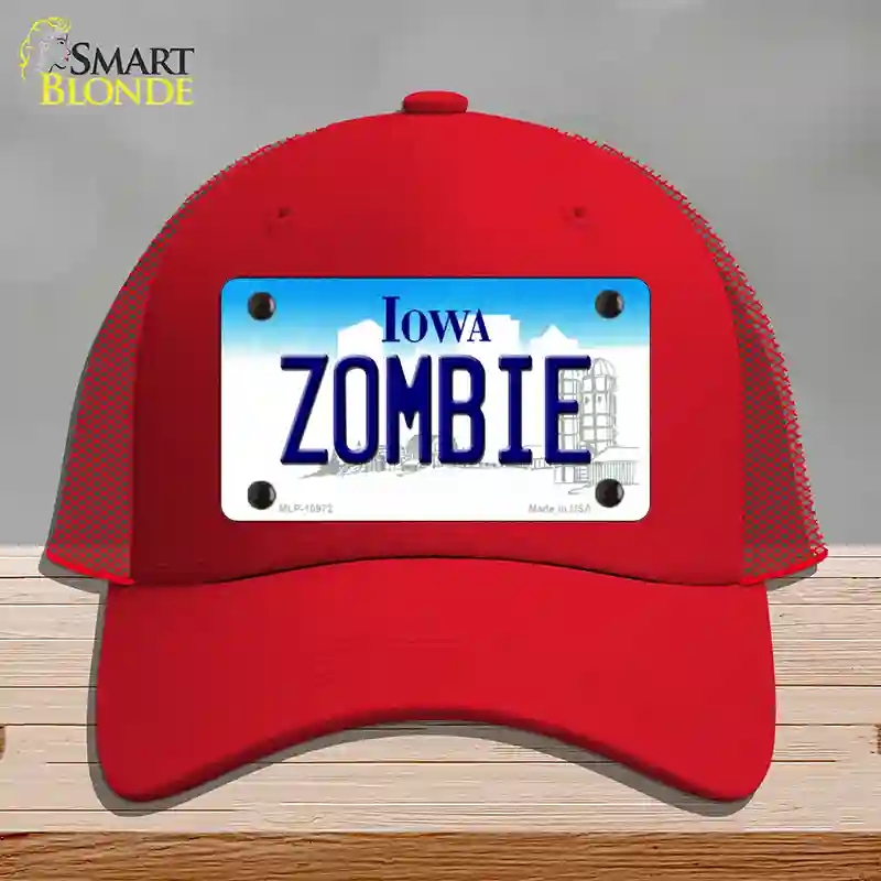 HAT17-MLP-10972 Zombie Iowa Novelty License Plate Hat, Mesh - Red