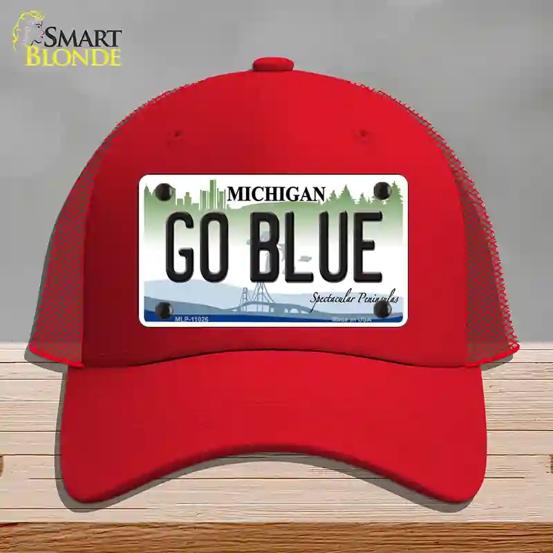 HAT17-MLP-11026 Go Blue Michigan Novelty License Plate Hat, Mesh - Red