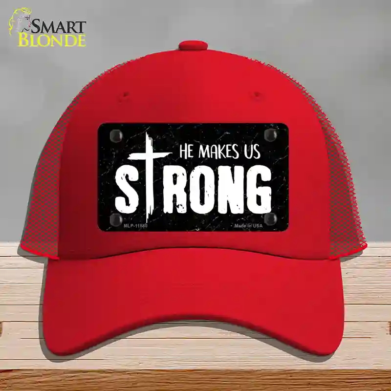 HAT17-MLP-11880 He Makes Us Strong Novelty License Plate Hat, Mesh - Red