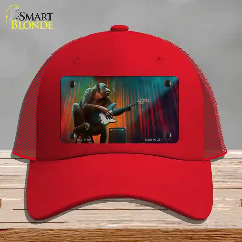 HAT17-MLP-11897 Monkey with Guitar Novelty License Plate Hat, Mesh - Red