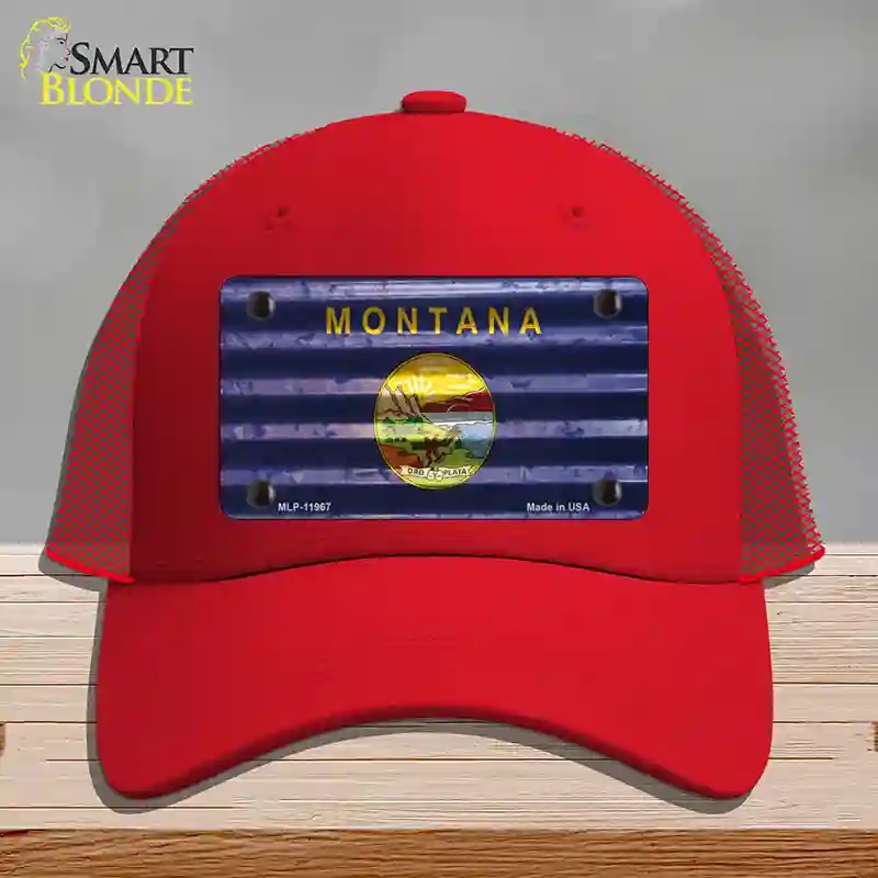 HAT17-MLP-11967 Montana Corrugated Flag Novelty License Plate Hat, Mesh - Red