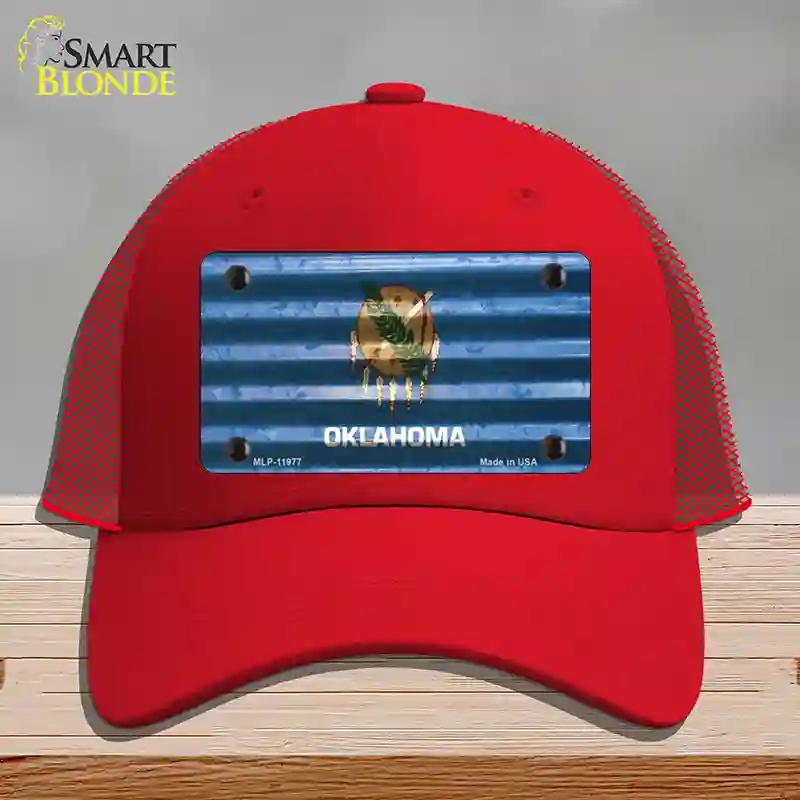 HAT17-MLP-11977 Oklahoma Corrugated Flag Novelty License Plate Hat, Mesh - Red