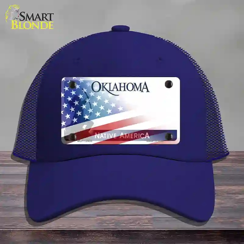 HAT18-MLP-12455 Oklahoma Bow with American Flag Novelty License Plate Hat, Mesh - Royal Blue