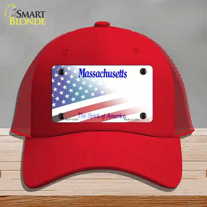 HAT17-MLP-12350 Massachusetts with American Flag Novelty License Plate Hat, Mesh - Red