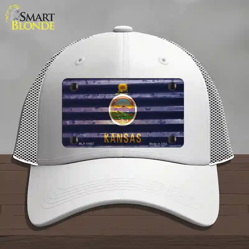 HAT19-MLP-11957 Kansas Corrugated Flag Novelty License Plate Hat, Mesh - White