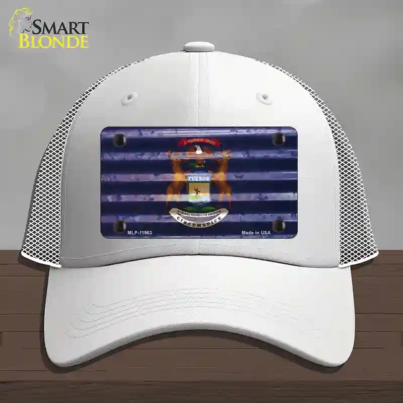 HAT19-MLP-11963 Michigan Corrugated Flag Novelty License Plate Hat, Mesh - White