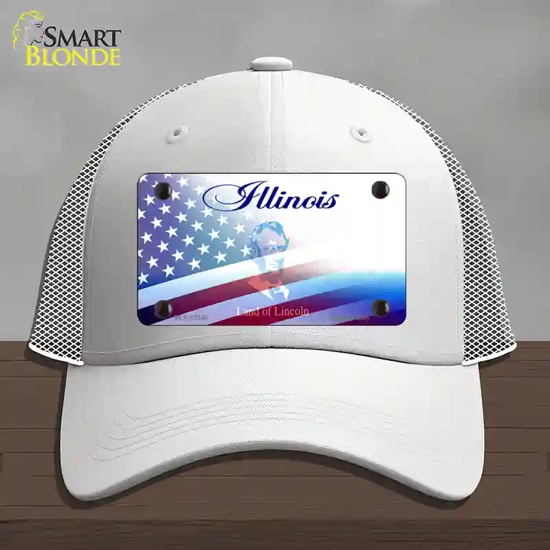 HAT19-MLP-12342 Illinois with American Flag Novelty License Plate Hat, Mesh - White