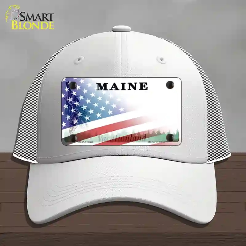 HAT19-MLP-12348 Maine with American Flag Novelty License Plate Hat, Mesh - White