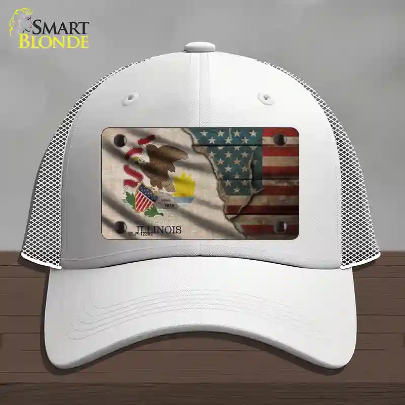 HAT19-MLP-12392 Illinois & American Flag Novelty License Plate Hat, Mesh - White
