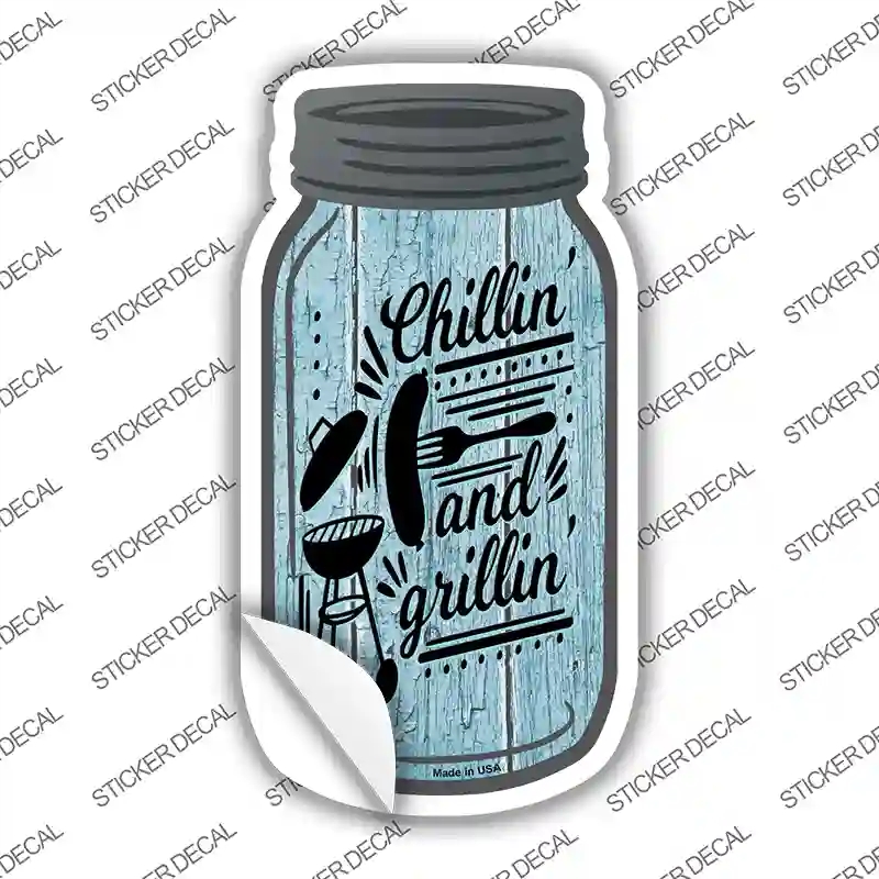 MJ-167s-L Chilling & Grilling Blue Novelty Mason Jar Sticker Decal, Large