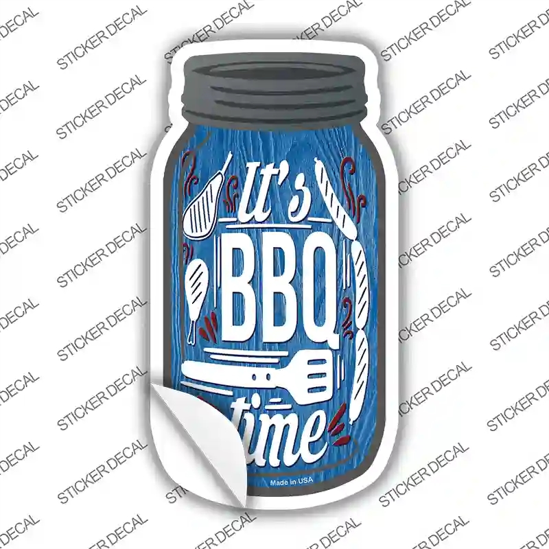 MJ-200s-L BBQ Time Blue Novelty Mason Jar Sticker Decal, Large