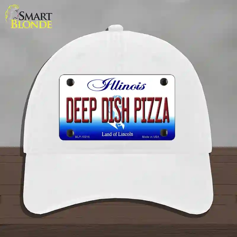 HAT14-MLP-10315 Deep Dish Pizza Illinois Novelty License Plate Hat, Unconstructed Cotton - White