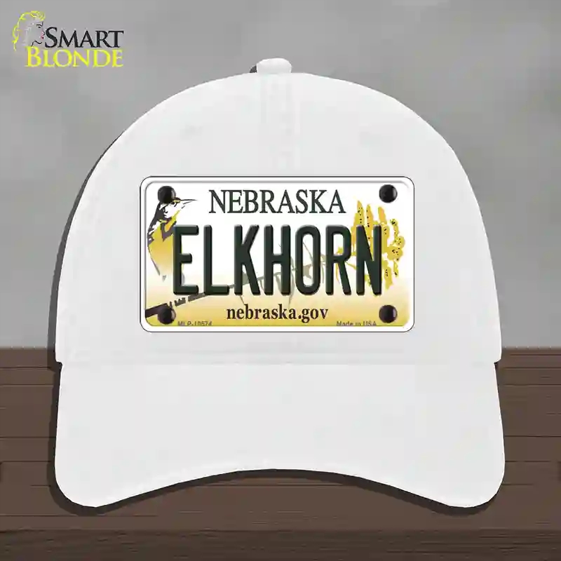 HAT14-MLP-10574 Elkhorn Nebraska Novelty License Plate Hat, Unconstructed Cotton - White