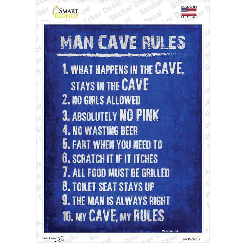 P-2450s-M Man Cave Rules Novelty Rectangular Sticker Decal, Medium