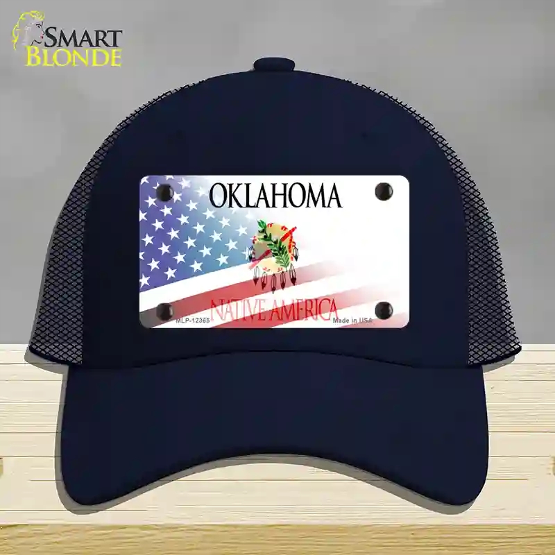 HAT16-MLP-12365 Oklahoma with American Flag Novelty License Plate Hat, Mesh - Navy