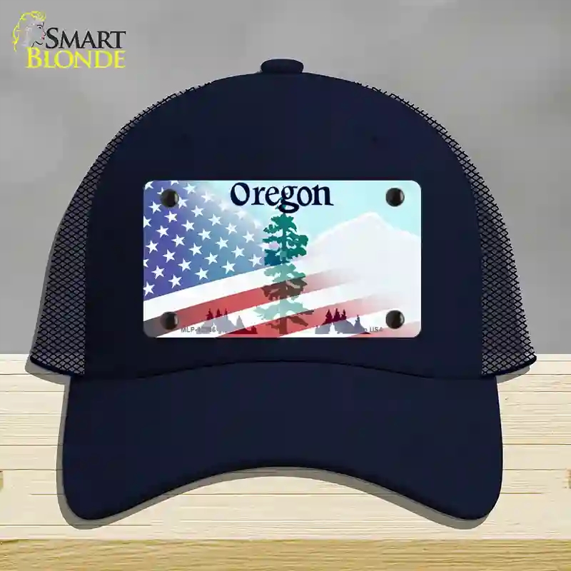 HAT16-MLP-12366 Oregon with American Flag Novelty License Plate Hat, Mesh - Navy