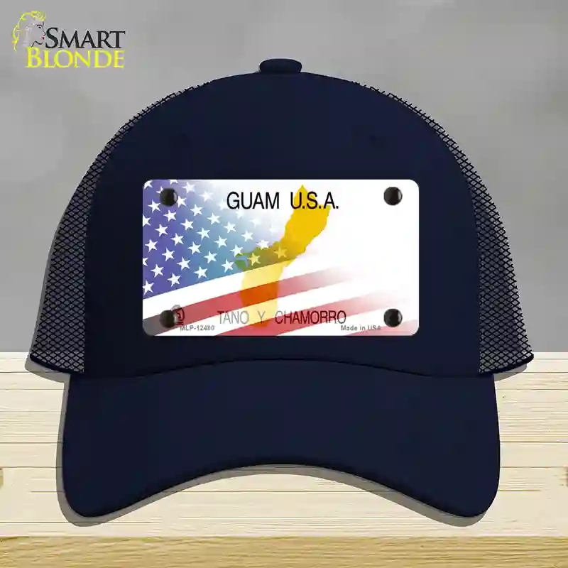 HAT16-MLP-12480 Guam with American Flag Novelty License Plate Hat, Mesh - Navy