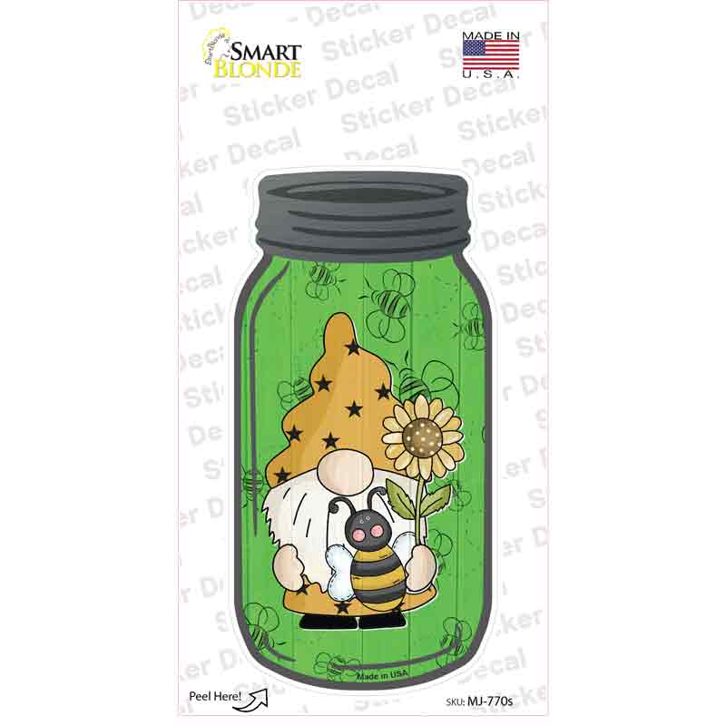 MJ-770s-M Gnome with Bee Green Novelty Mason Jar Sticker Decal, Medium