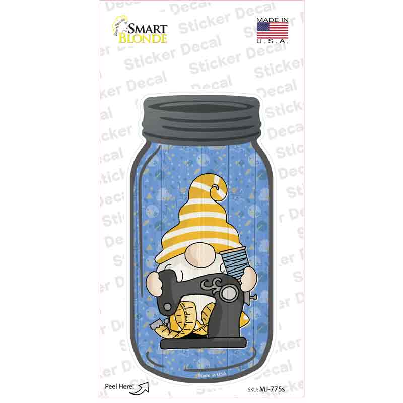 MJ-775s-M Gnome with Sewing Machine Novelty Mason Jar Sticker Decal, Medium