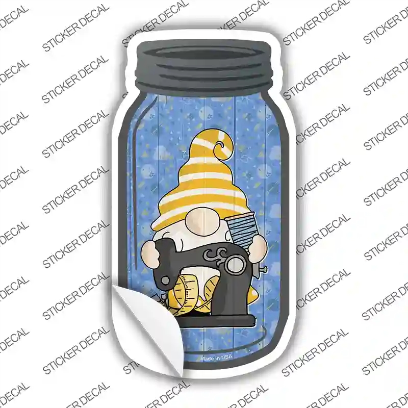 MJ-775s-S Gnome with Sewing Machine Novelty Mason Jar Sticker Decal, Small