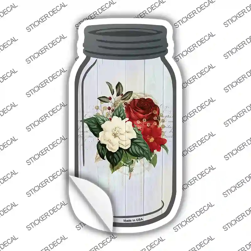 MJ-304s-S Red & White Flowers with Notes Novelty Mason Jar Sticker Decal, Small