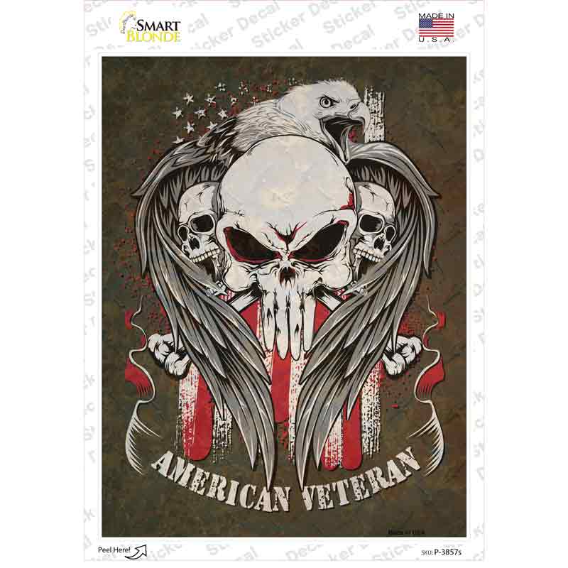 P-3857s-M Skulls American Veteran Novelty Rectangle Sticker Decal, Medium