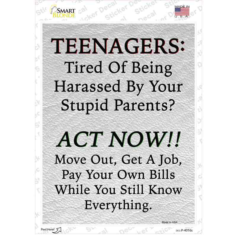 P-4016s-M Teenagers Act Now Novelty Rectangle Sticker Decal, Medium