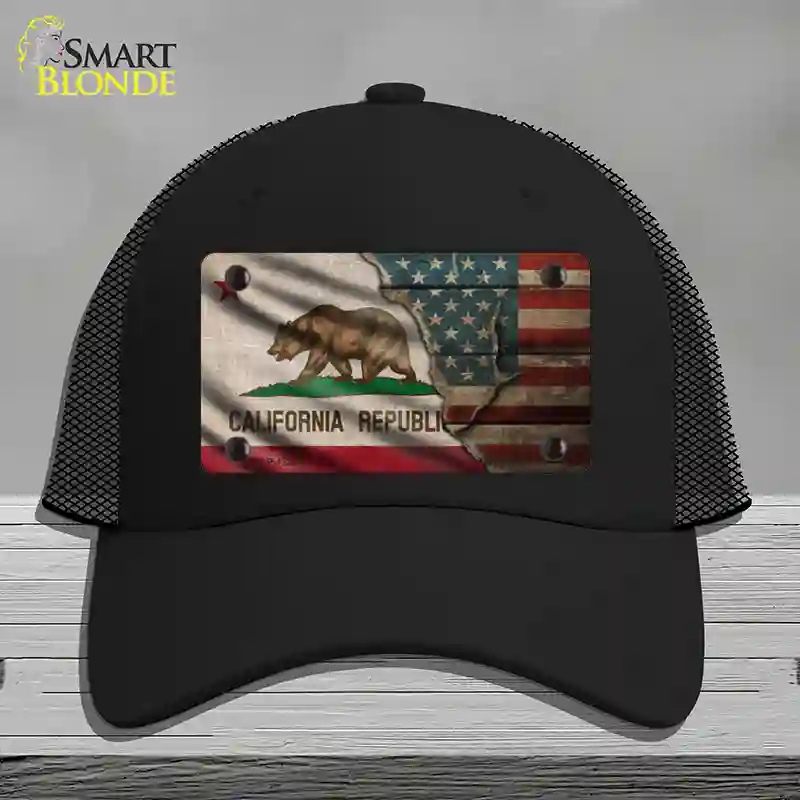 HAT01-MLP-12384 California & American Flag Novelty License Plate Hat, Mesh - Black