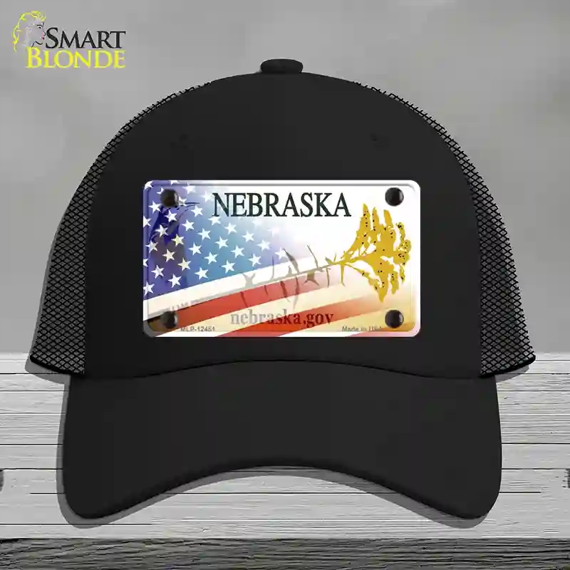 HAT01-MLP-12451 Nebraska American Flag Novelty License Plate Hat, Mesh - Black