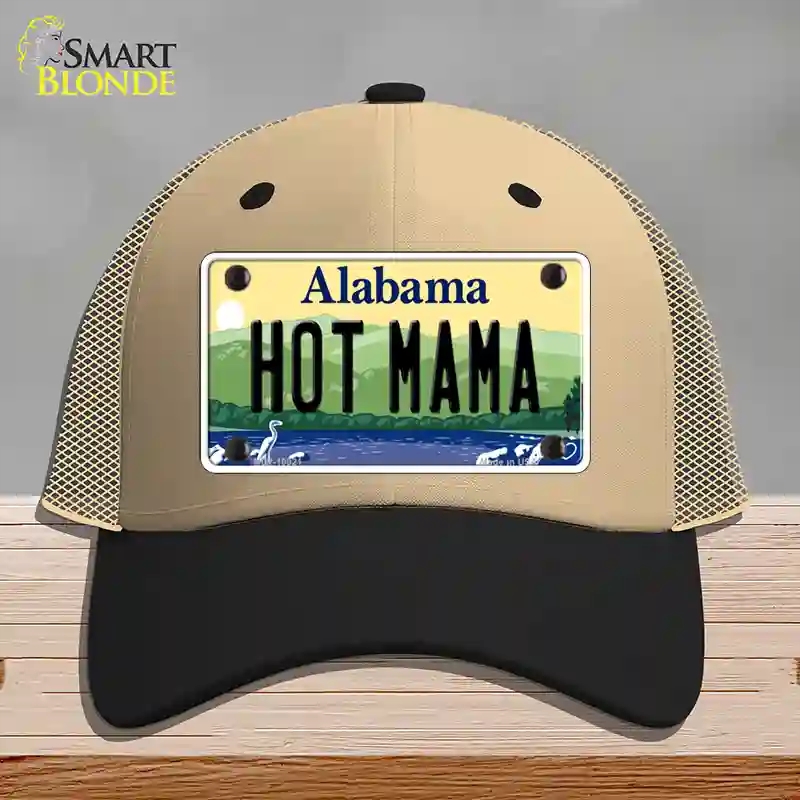 HAT02-MLP-10021 Hot Mama Alabama Novelty License Plate Hat, Mesh - Khaki & Black