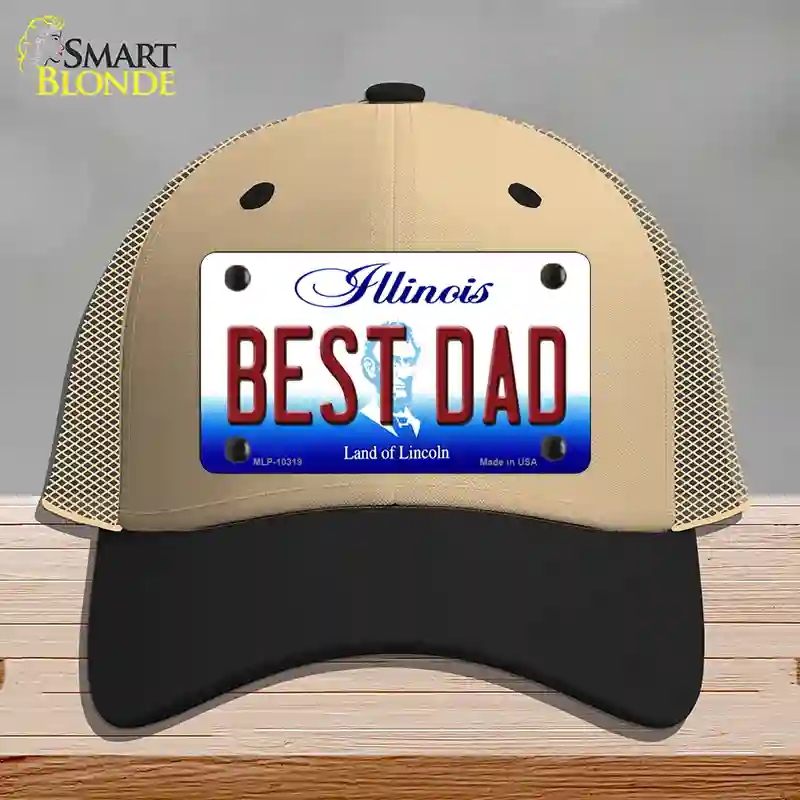 HAT02-MLP-10319 Best Dad Illinois Novelty License Plate Hat, Mesh - Khaki & Black