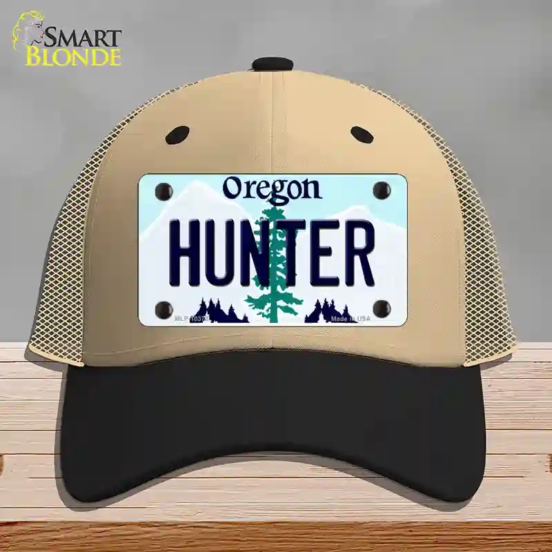HAT02-MLP-10378 Hunter Oregon Novelty License Plate Hat, Mesh - Khaki & Black