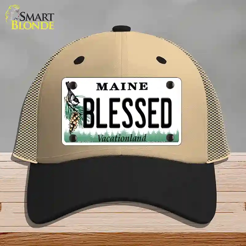 HAT02-MLP-10417 Blessed Maine Novelty License Plate Hat, Mesh - Khaki & Black