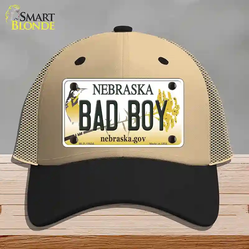 HAT02-MLP-10604 Bad Boy Nebraska Novelty License Plate Hat, Mesh - Khaki & Black