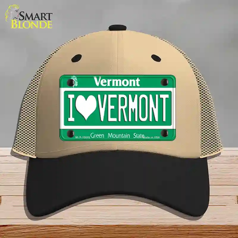 HAT02-MLP-10659 I Love Vermont Novelty License Plate Hat, Mesh - Khaki & Black