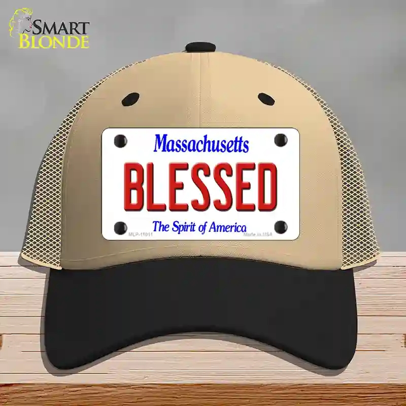 HAT02-MLP-11011 Blessed Massachusetts Novelty License Plate Hat, Mesh - Khaki & Black