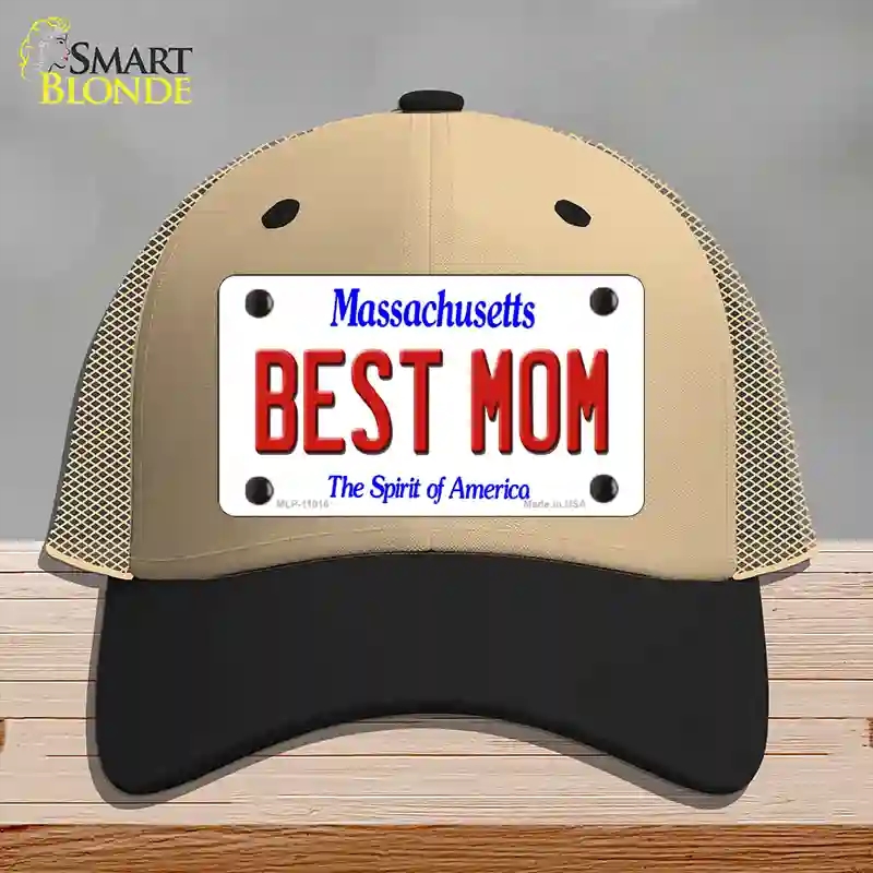 HAT02-MLP-11016 Best Mom Massachusetts Novelty License Plate Hat, Mesh - Khaki & Black