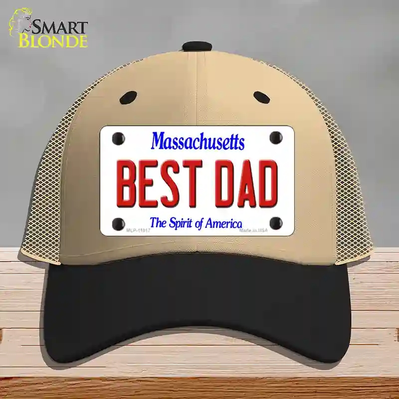 HAT02-MLP-11017 Best Dad Massachusetts Novelty License Plate Hat, Mesh - Khaki & Black