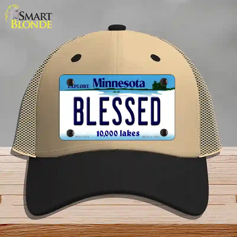 HAT02-MLP-11074 Blessed Minnesota State Novelty License Plate Hat, Mesh - Khaki & Black
