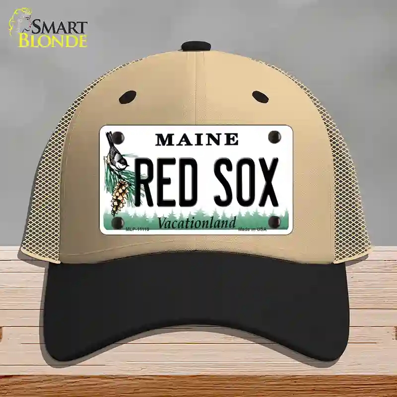 HAT02-MLP-11119 Red Sox Maine Novelty License Plate Hat, Mesh - Khaki & Black