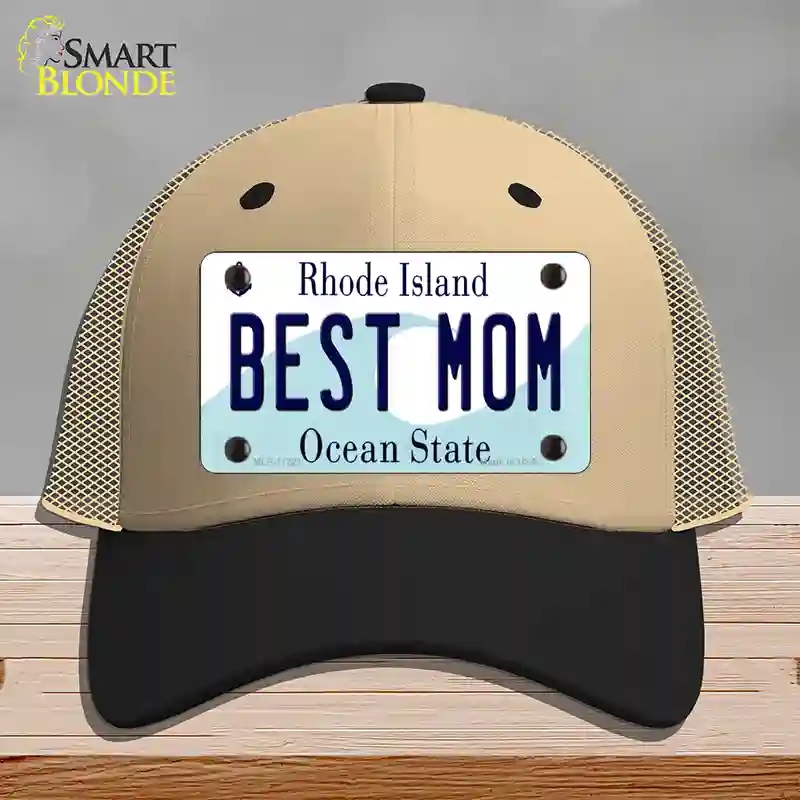 HAT02-MLP-11221 Best Mom Rhode Island State Novelty License Plate Hat, Mesh - Khaki & Black