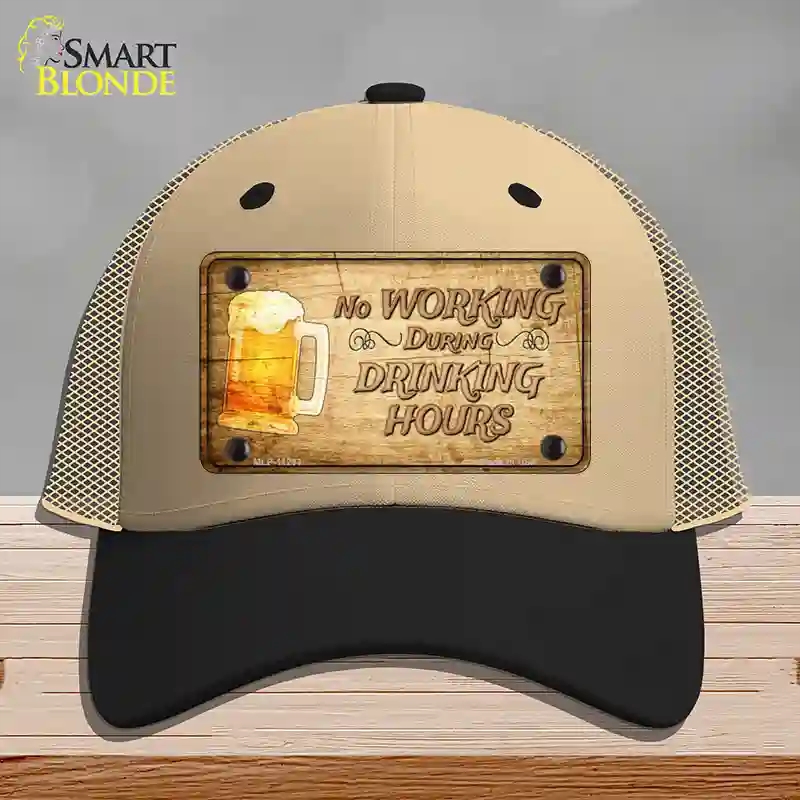 HAT02-MLP-11233 No Working During Drinking Hours Novelty License Plate Hat, Mesh - Khaki & Black